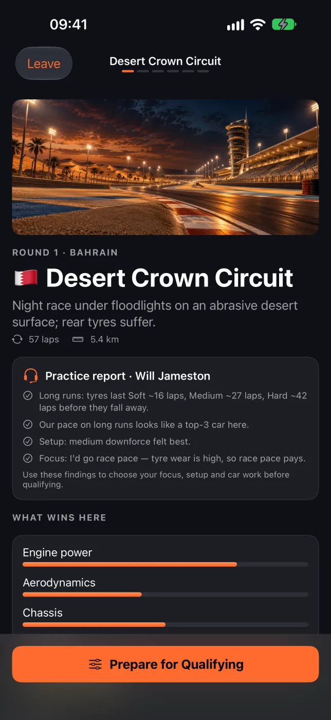 Race weekend screen for Desert Crown Circuit with the engineer's practice report and what wins at this track
